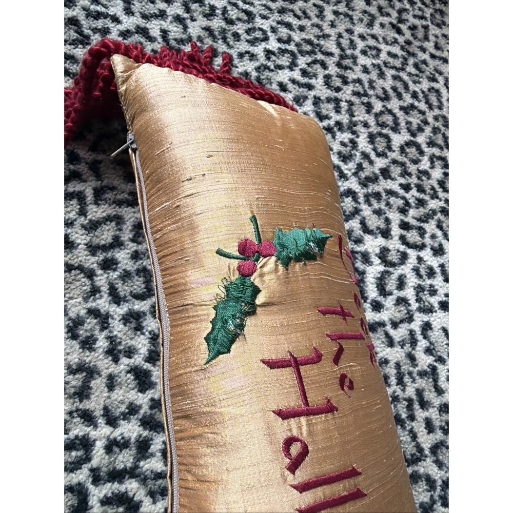 Christmas Deck the Halls Lumbar Pillow Gold Silk Fringe Embroidered VTG 1950s - Picture 9 of 10